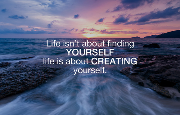 A scenic beach view at sunset with calm waves and a quote about self-discovery and creation emphasizing the importance of creating oneself and the journey of life using two powerful concepts